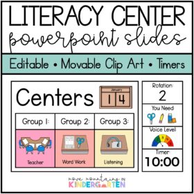 Literacy Center Rotation Slides - Editable Slides with Timers and Movable Pieces