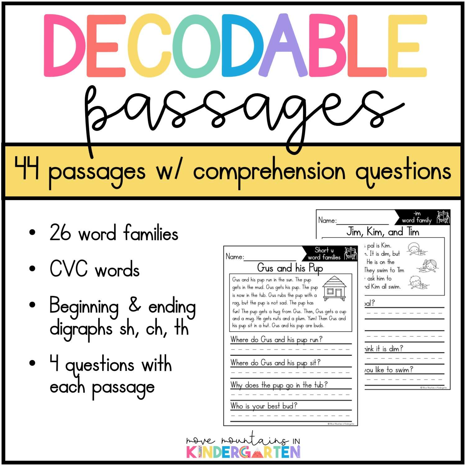 Decodable Passages & Comprehension Questions - CVC & Digraph Practice Worksheets