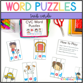 Three Letter Word Puzzles- CVC Task Cards for Kindergarten and First Grade
